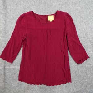 Anthropologie Top Womens 0 Maeve Swiss Dot 3/4 Sleeve Scalloped Burgundy Blouse